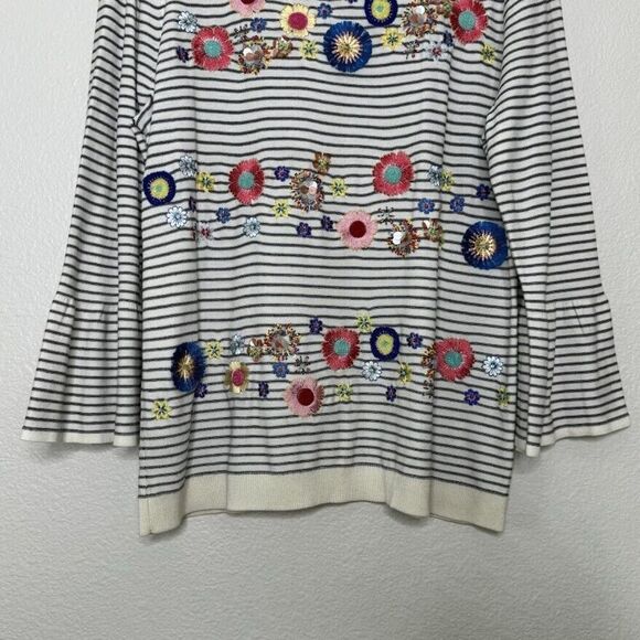 Talbots Sweater Medium Striped Floral Embroidery Beaded Embellish Bell Sleeve - Picture 12 of 16